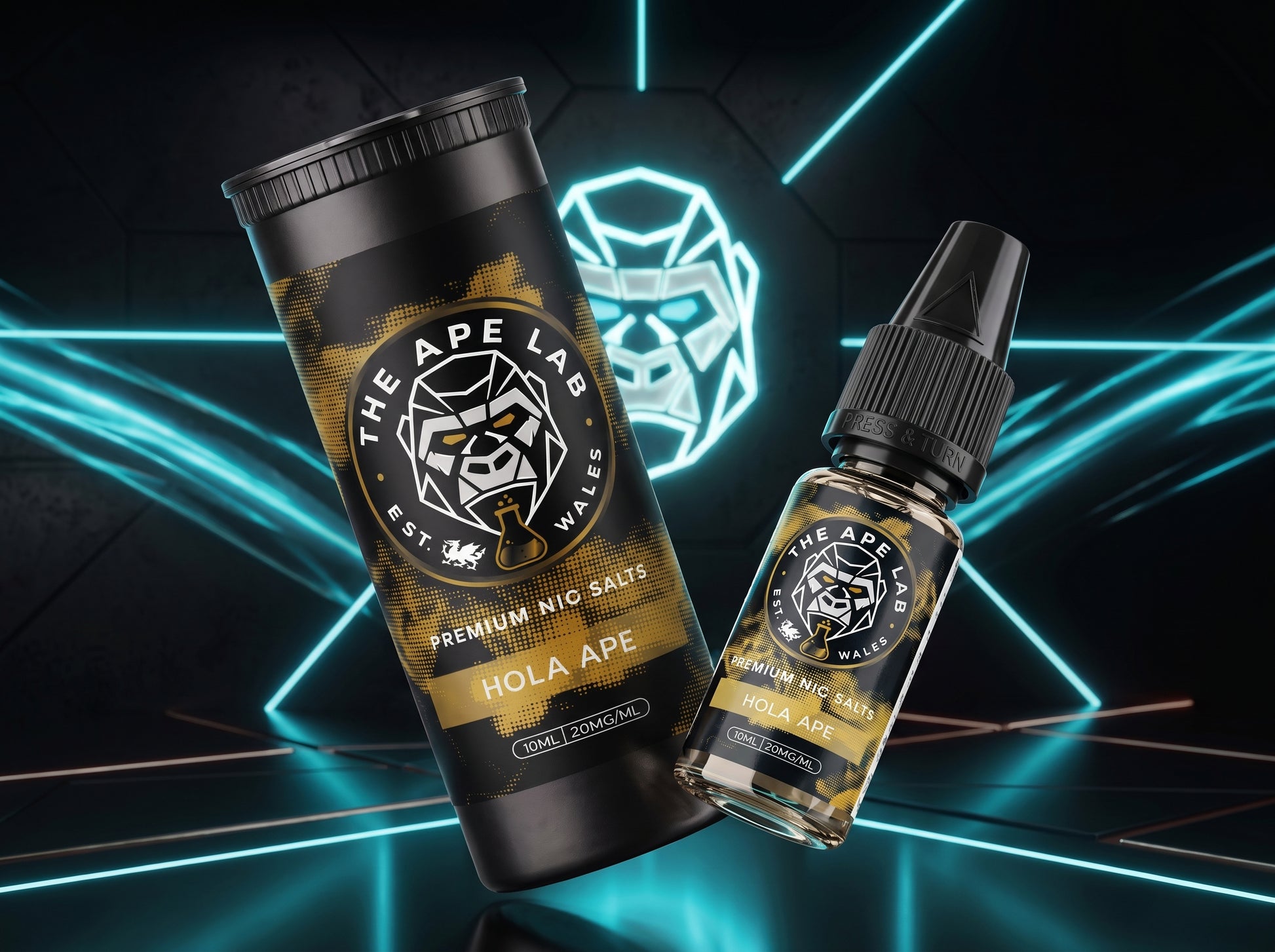 A bottle and tub of The Ape Lab 'HOLA APE' premium nic salts e-liquid, displayed against a dark background with glowing cyan geometric lines and a stylized white ape head logo.