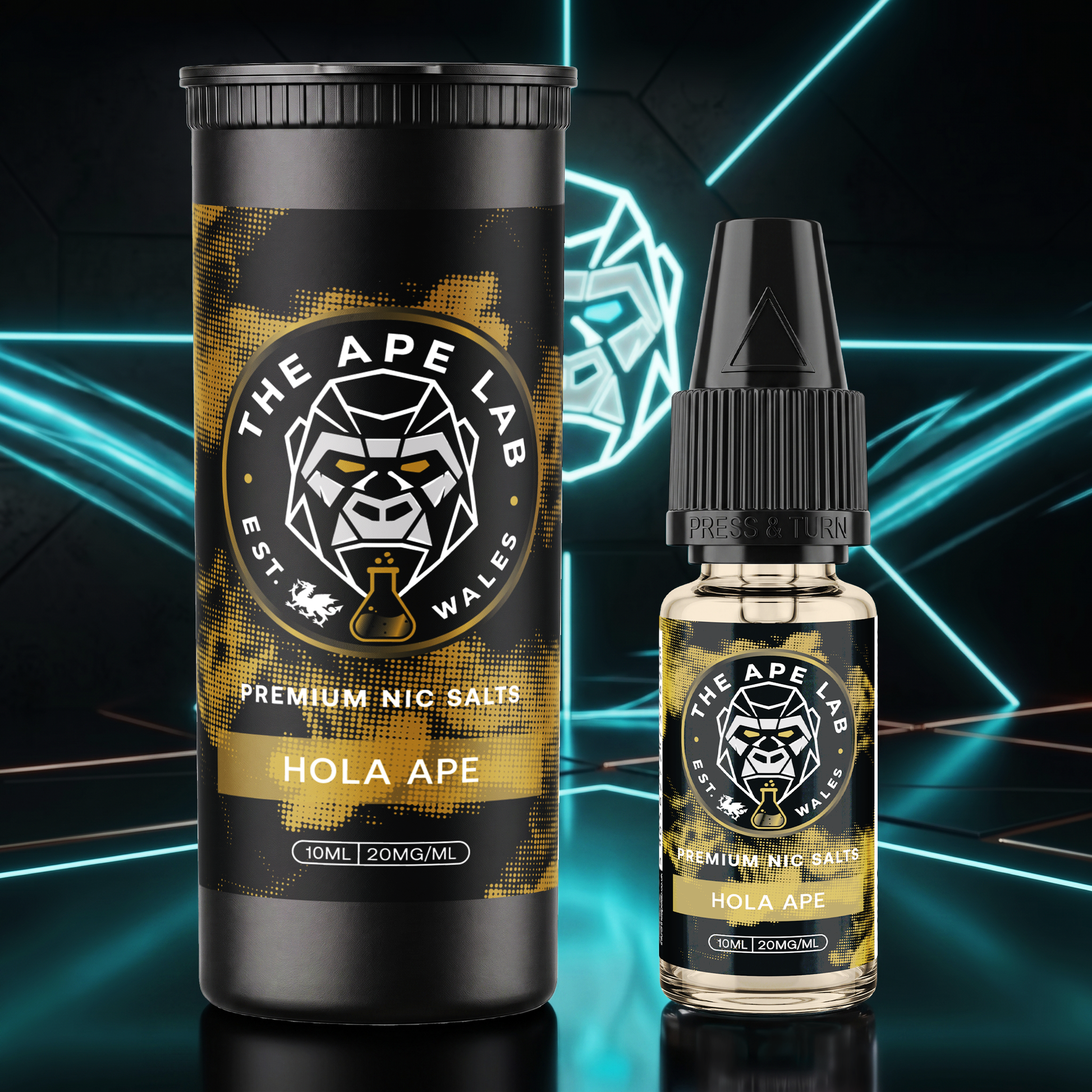 A bottle and matching cylindrical packaging container for The Ape Lab 'HOLA APE' premium nic salts, displayed against a dark background with glowing cyan geometric lines.