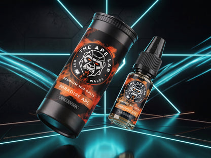 A bottle of e-liquid and its matching cylindrical packaging container from TheAPELAWEALSA, both labeled 'Paradise Ace' and 'Premium Nic Salts', set against a dark background with glowing cyan geometric lines.