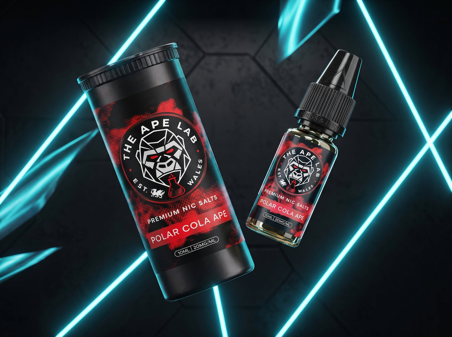A bottle of vape juice and its matching black plastic container from The Ape Lab, featuring a red and black label with a wolf graphic, set against a dark background with glowing cyan neon lines.