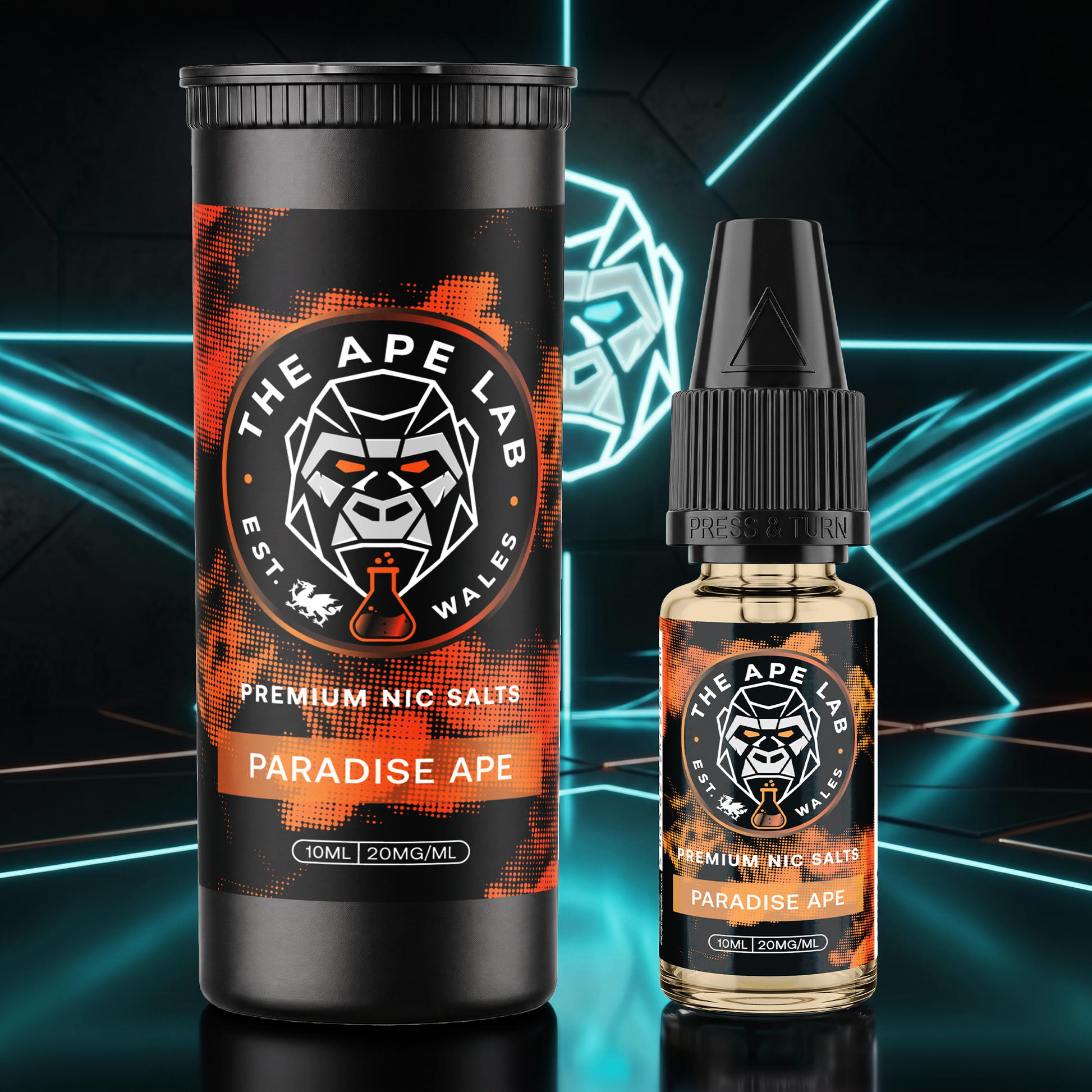 A bottle and matching cylindrical container of The Ape Lab Paradise Ape premium nic salts, displayed against a dark background with glowing neon blue geometric lines.
