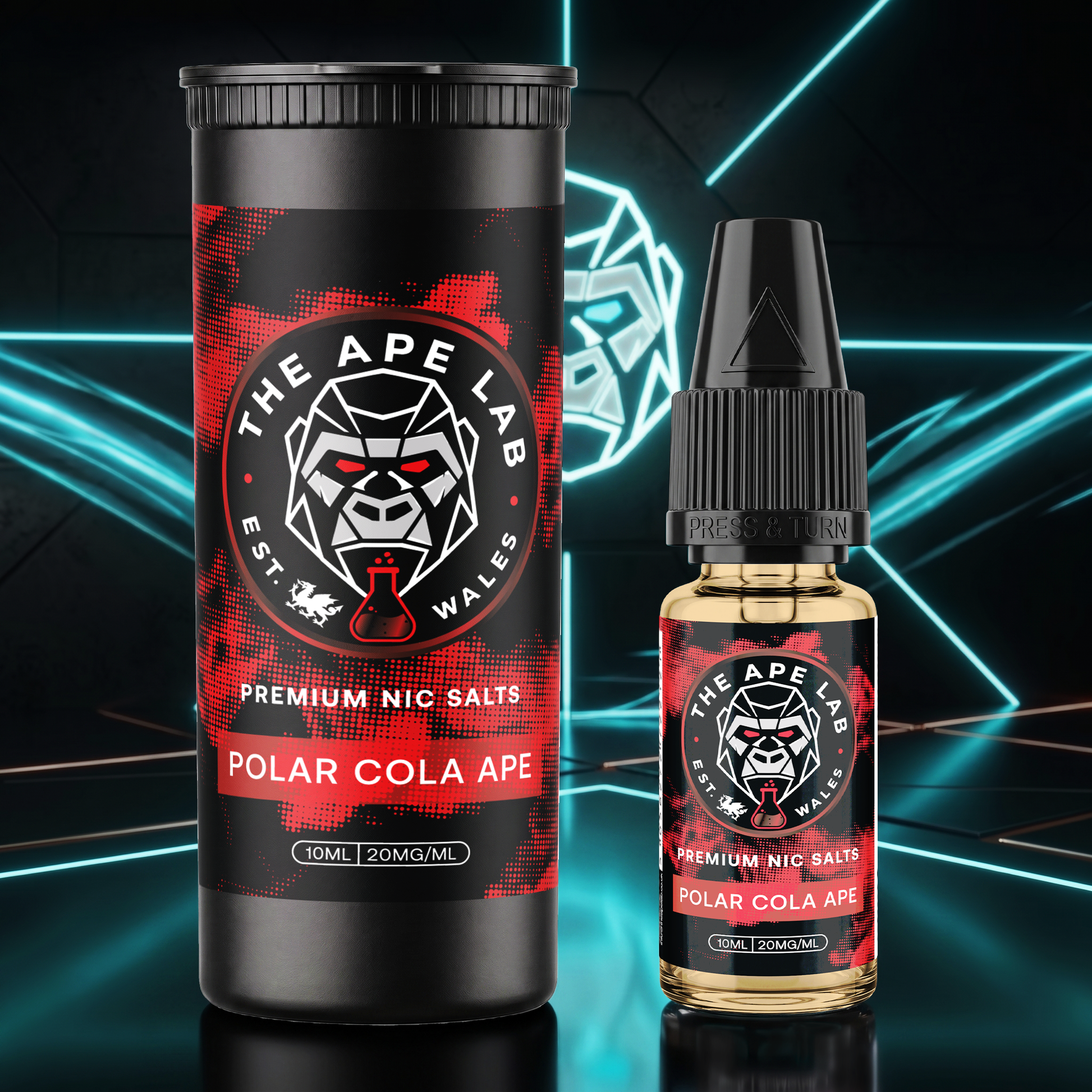 A 10ml bottle and matching cylindrical packaging container for 'The Ape Lab' 'Polar Cola Ape' premium nic salts, displayed against a dark background with glowing neon blue geometric lines.