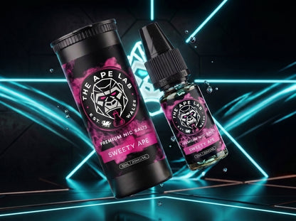 A vape pen and matching e-liquid bottle labeled 'THE APE LAB' and 'SWEETY APE' floating against a dark background with glowing cyan geometric lines.