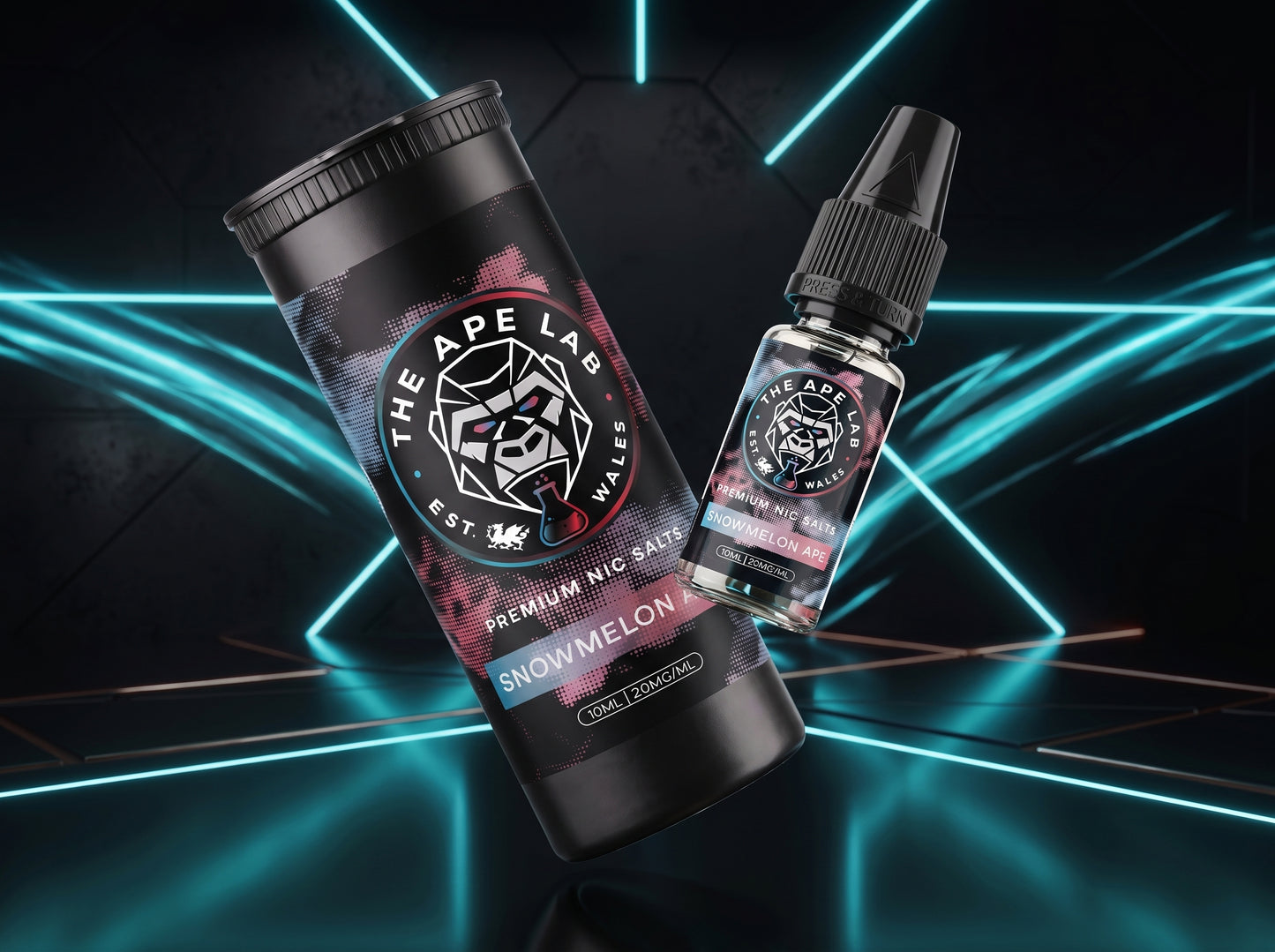 A bottle of e-liquid and its matching cylindrical packaging container from The Ape Lab, featuring a black and white design with pink and blue accents, labeled 'Snowmelon'. The products are set against a dark background with glowing cyan geometric lines.