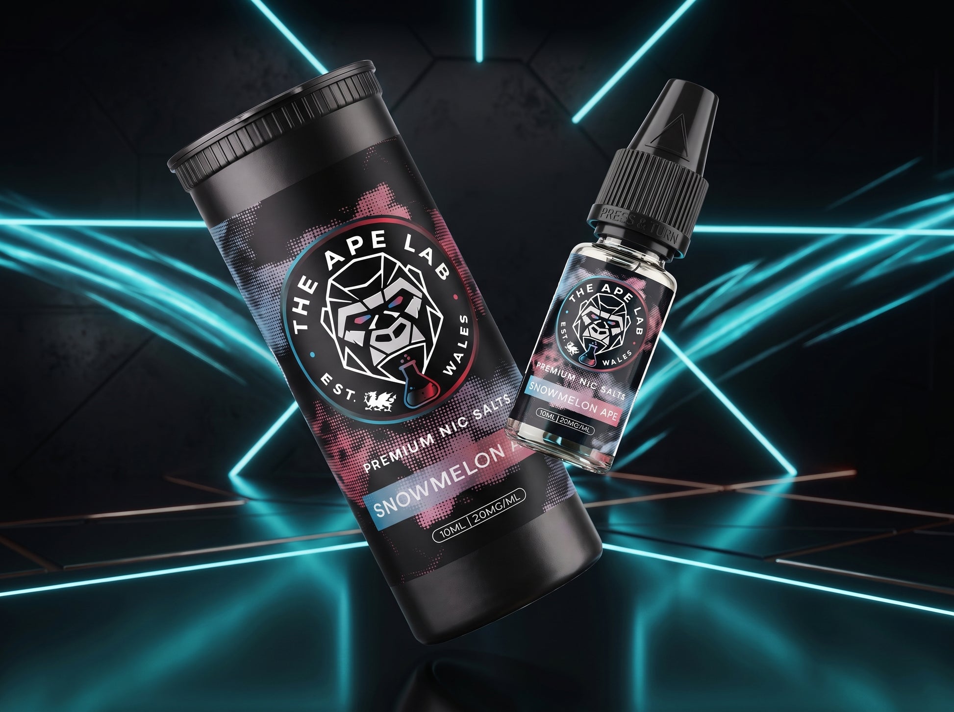 A bottle of e-liquid and its matching cylindrical packaging container from The Ape Lab, featuring a black and white design with pink and blue accents, labeled 'Snowmelon'. The products are set against a dark background with glowing cyan geometric lines.