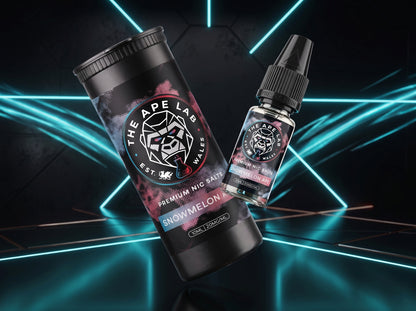 A bottle of e-liquid and its matching cylindrical packaging container from The Ape Lab, featuring a black and white design with pink and blue accents, labeled 'Snowmelon'. The products are set against a dark background with glowing cyan geometric lines.