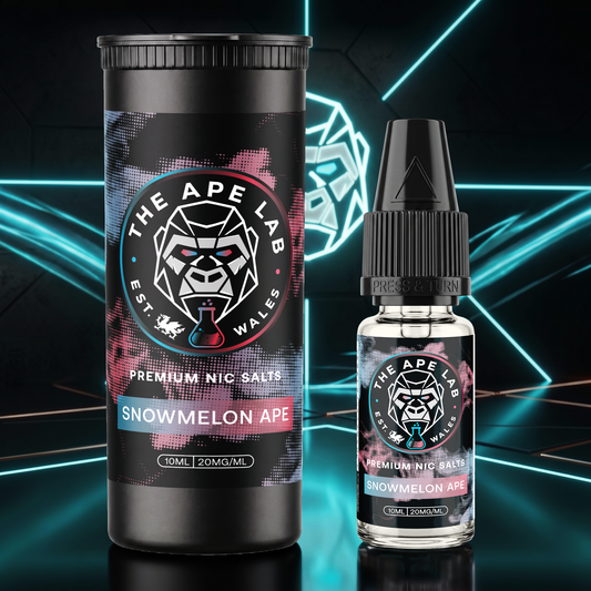 A 10ml bottle and 100ml tub of The Ape Lab Snowmelon Ape Premium Nic Salts e-liquid, displayed against a dark background with glowing cyan geometric lines.