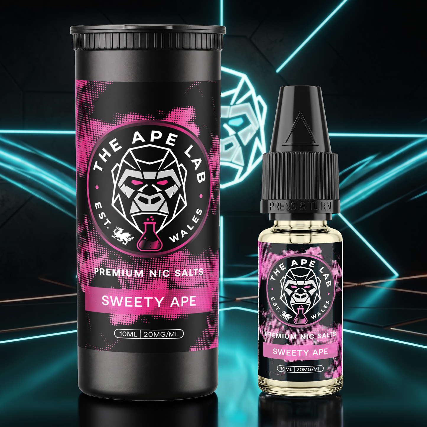A bottle and matching cylindrical container of The Ape Lab Sweety Ape premium nic salts, displayed against a dark background with glowing neon blue geometric lines.