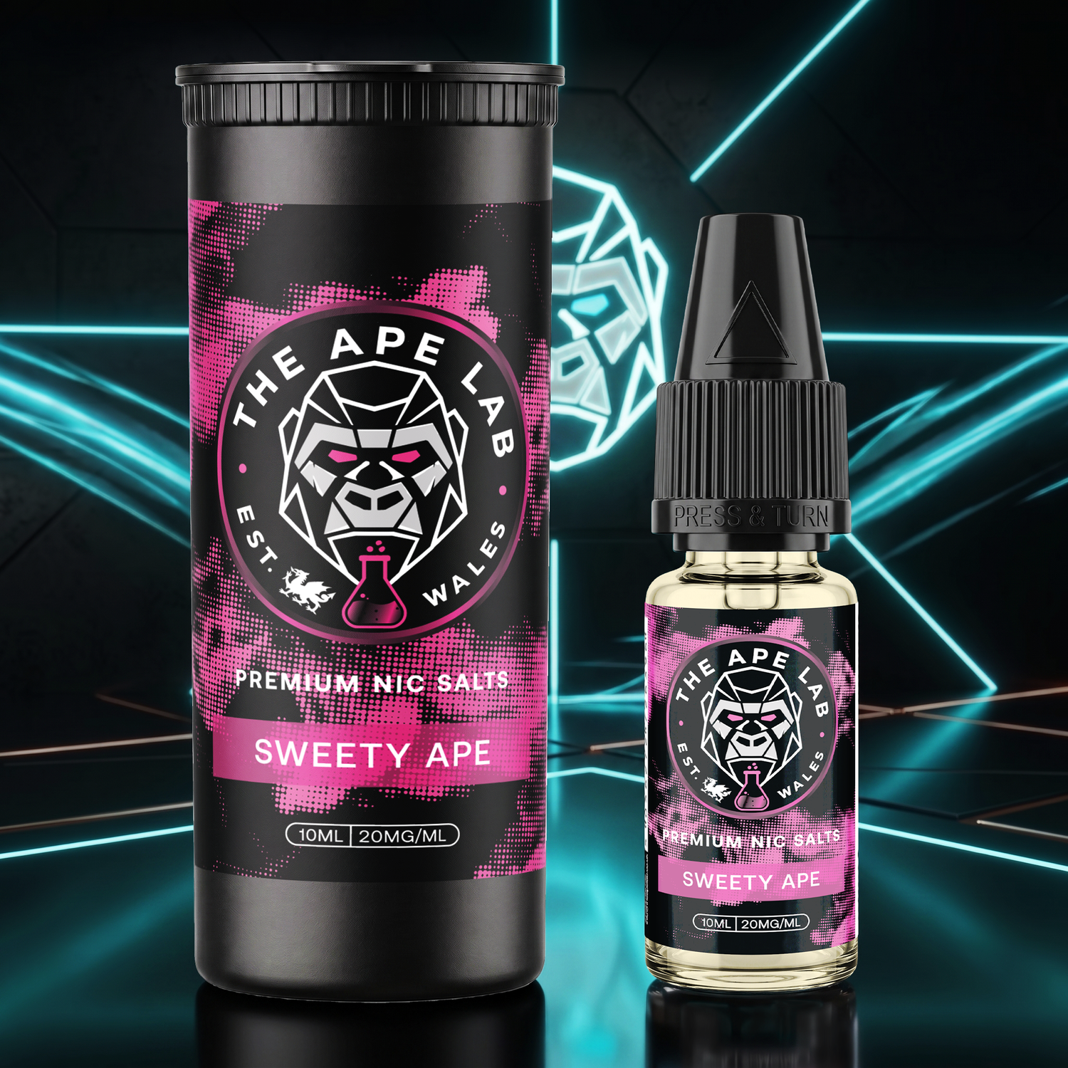 A bottle and matching cylindrical container of The Ape Lab Sweety Ape premium nic salts, displayed against a dark background with glowing neon blue geometric lines.