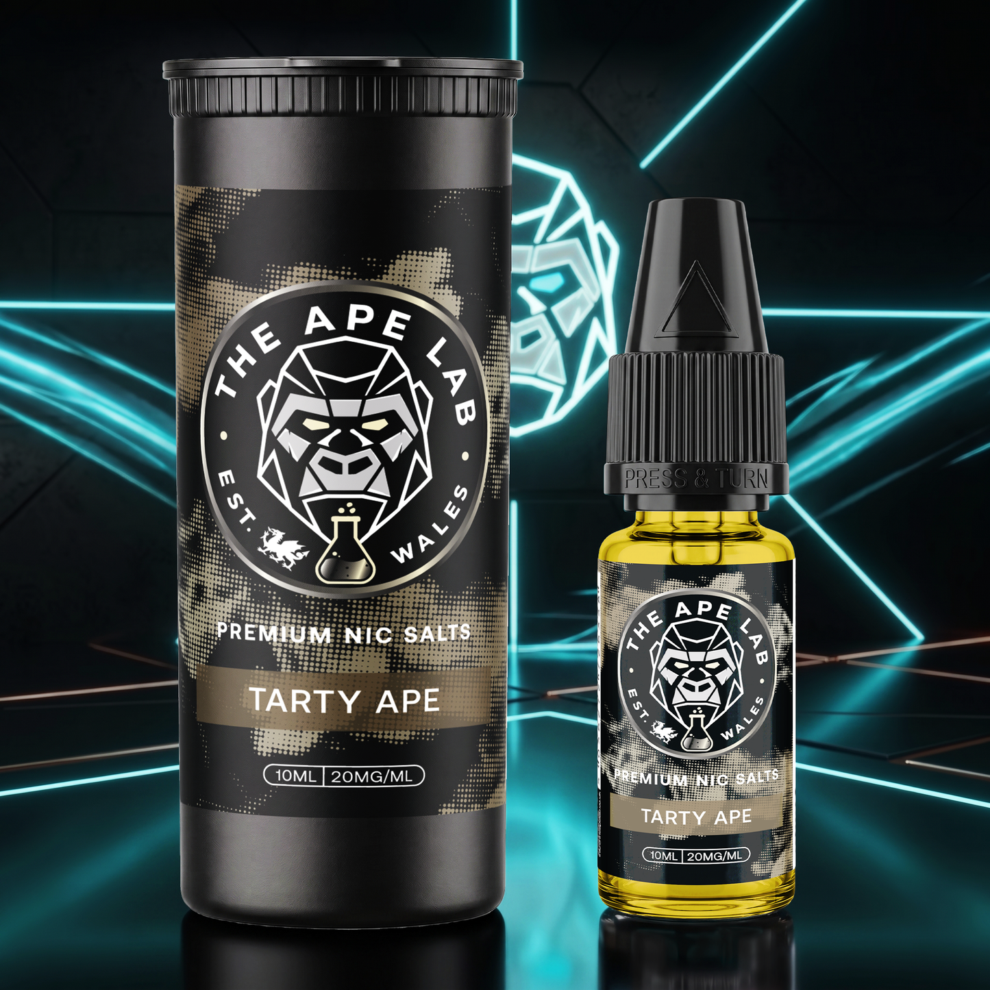 A bottle of Tarty Ape Premium Nic Salts e-liquid next to its black cylindrical packaging container, both featuring a black and gray camouflage pattern with a white circular logo for 'The Ape Lab'. The background is a dark studio setting with glowing cyan geometric lines.